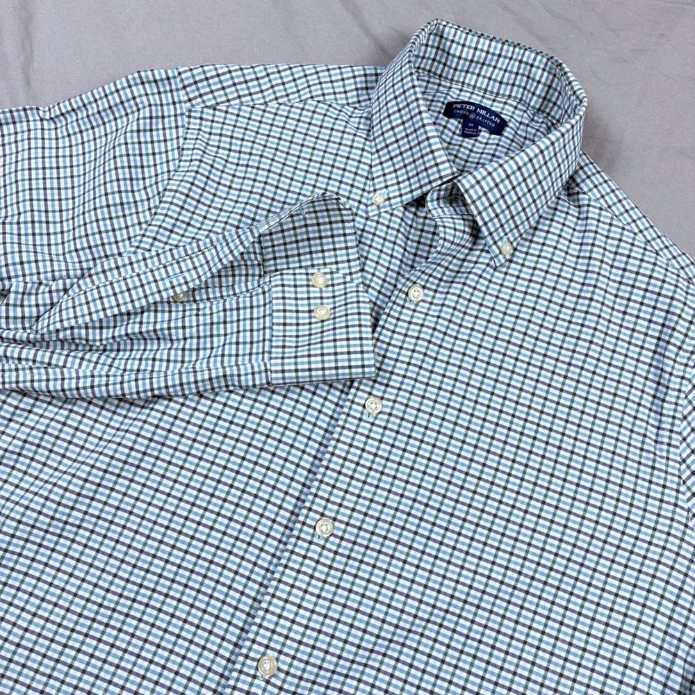Peter Millar Crown Crafted Button Down Shirt Medium Blue Plaid Performance